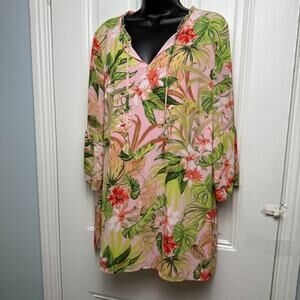 J Jill Tropical Tunic Womens Medium Floral Lined Drawstring Summer Vacation